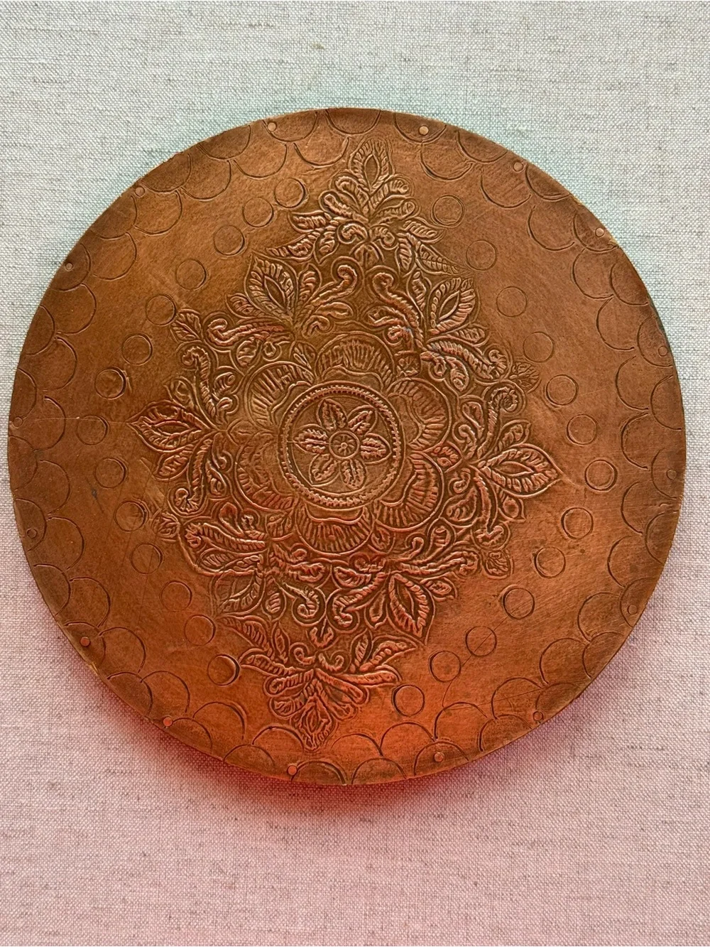 WORLD MARKET COPPER TONE EMBOSSED FLORAL METAL TRIVET